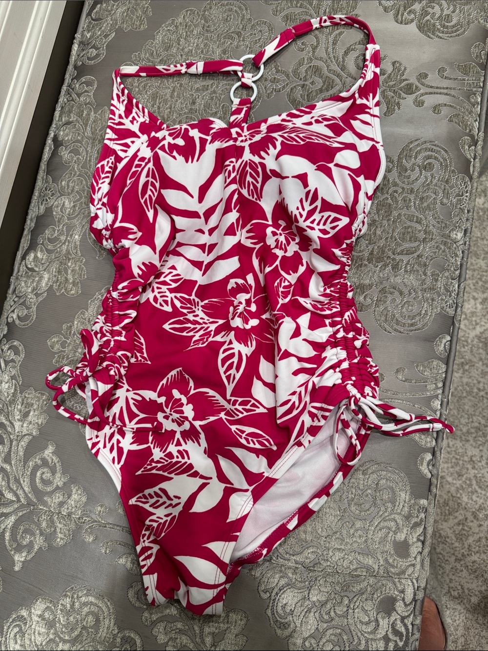 Ladies pink Floral One-Piece Swimsuit with Ring-Front Detail